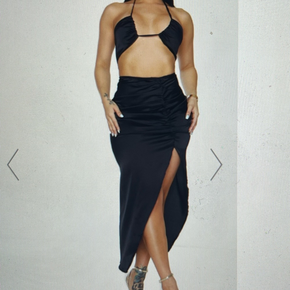 Pretty little thing black cut out ruched midi dress satin